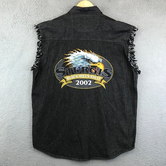 Vintage American Biker Shirt Mens L Black Sleeveless Cut Off Bike Rally Sturgis - Picture 1 of 7